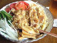 鶏肉レシピ 揚げ鶏ネギソースの冷やし中華